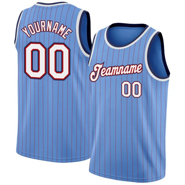 Men's Custom Light Blue Red Pinstripe White-Navy Authentic Basketball Jersey